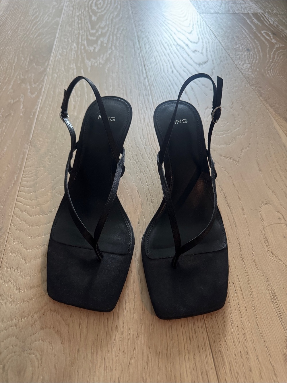 Mango Black Square-Toe Strappy Slingback Heels